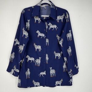 Sunday Up Womens Medium Button Front Shirt Tunic Top Blue Zebra Print Long Slv